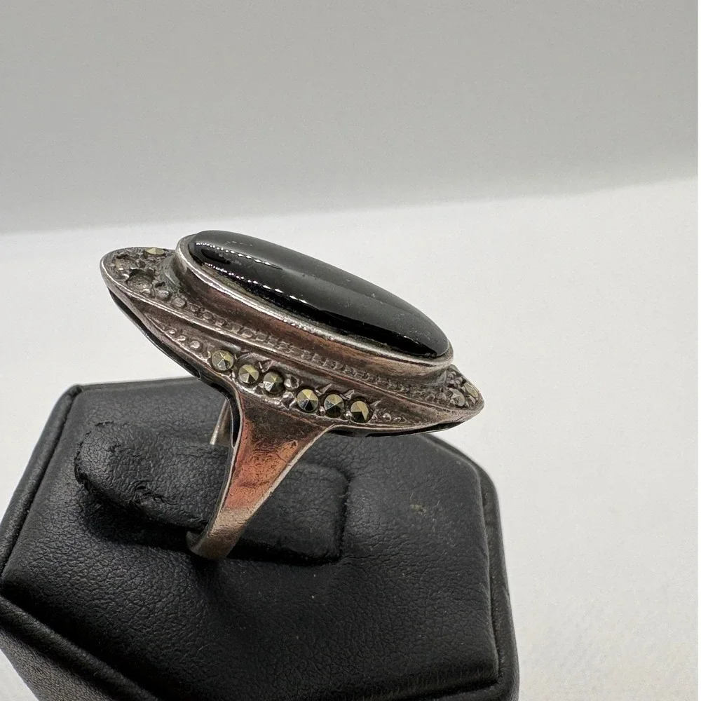 Vintage 925 Sterling Silver Black Onyx Marcasite Navette Ring Art Deco Size 5.5